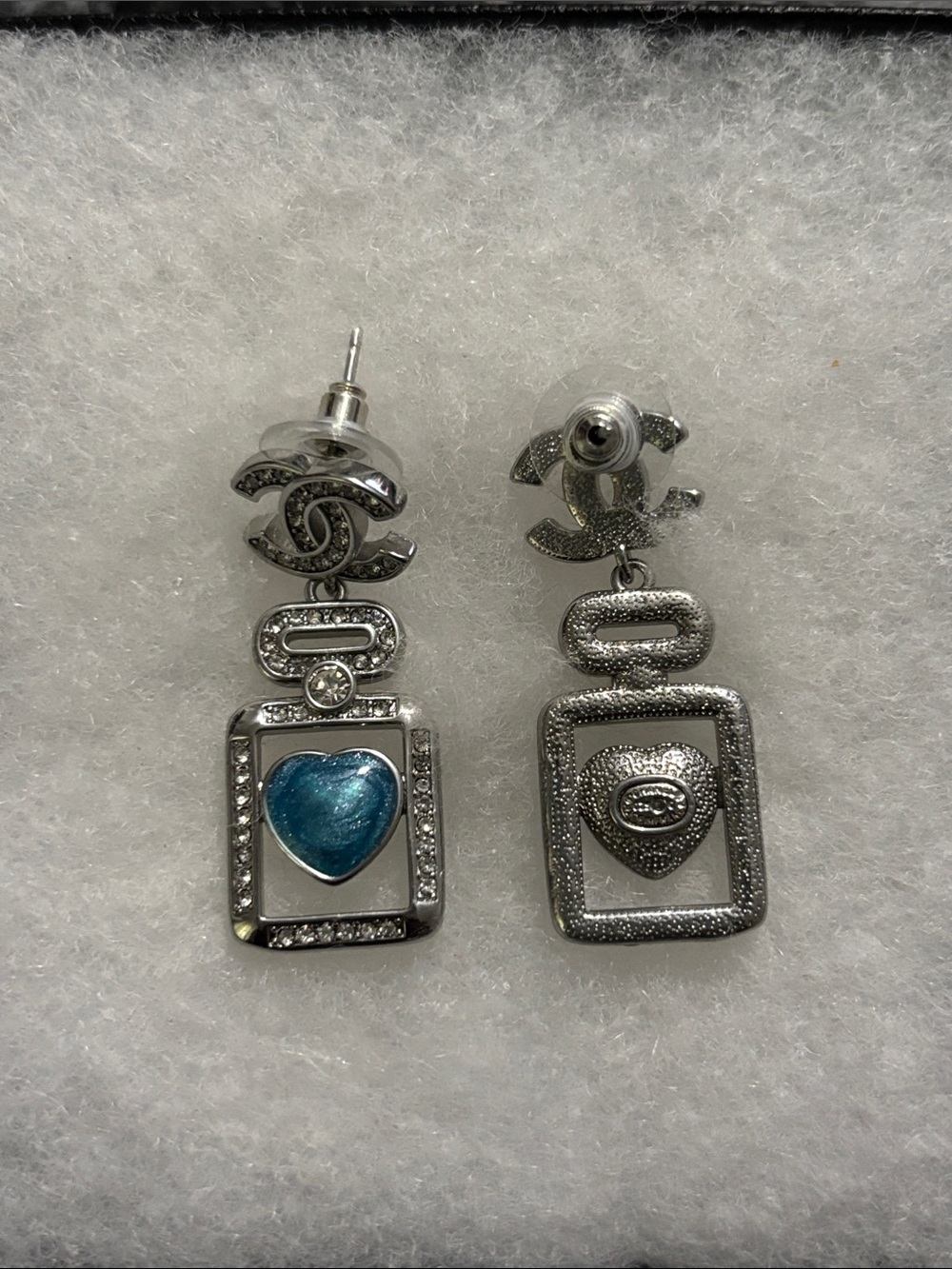 CC Silver Drop Earrings with Blue Heart Accent - Picture 3 of 3